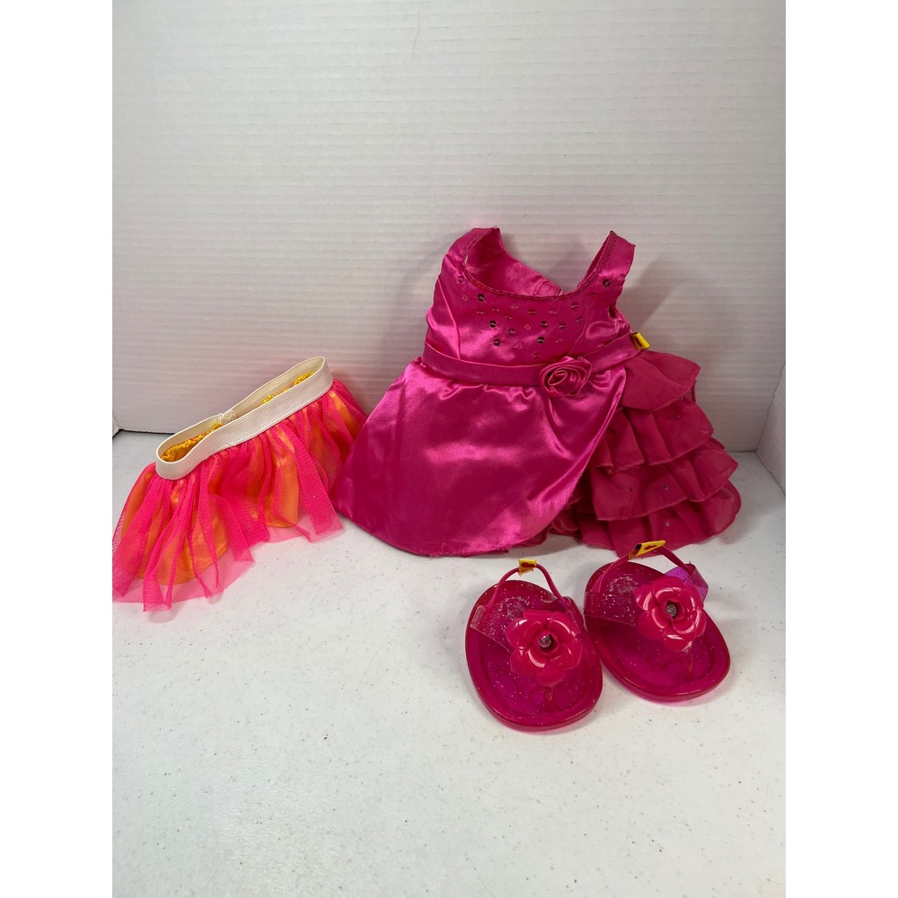 Build-A-Bear Pink Satin Dress Tutu and Jelly Sandals Outfit Set 3pc